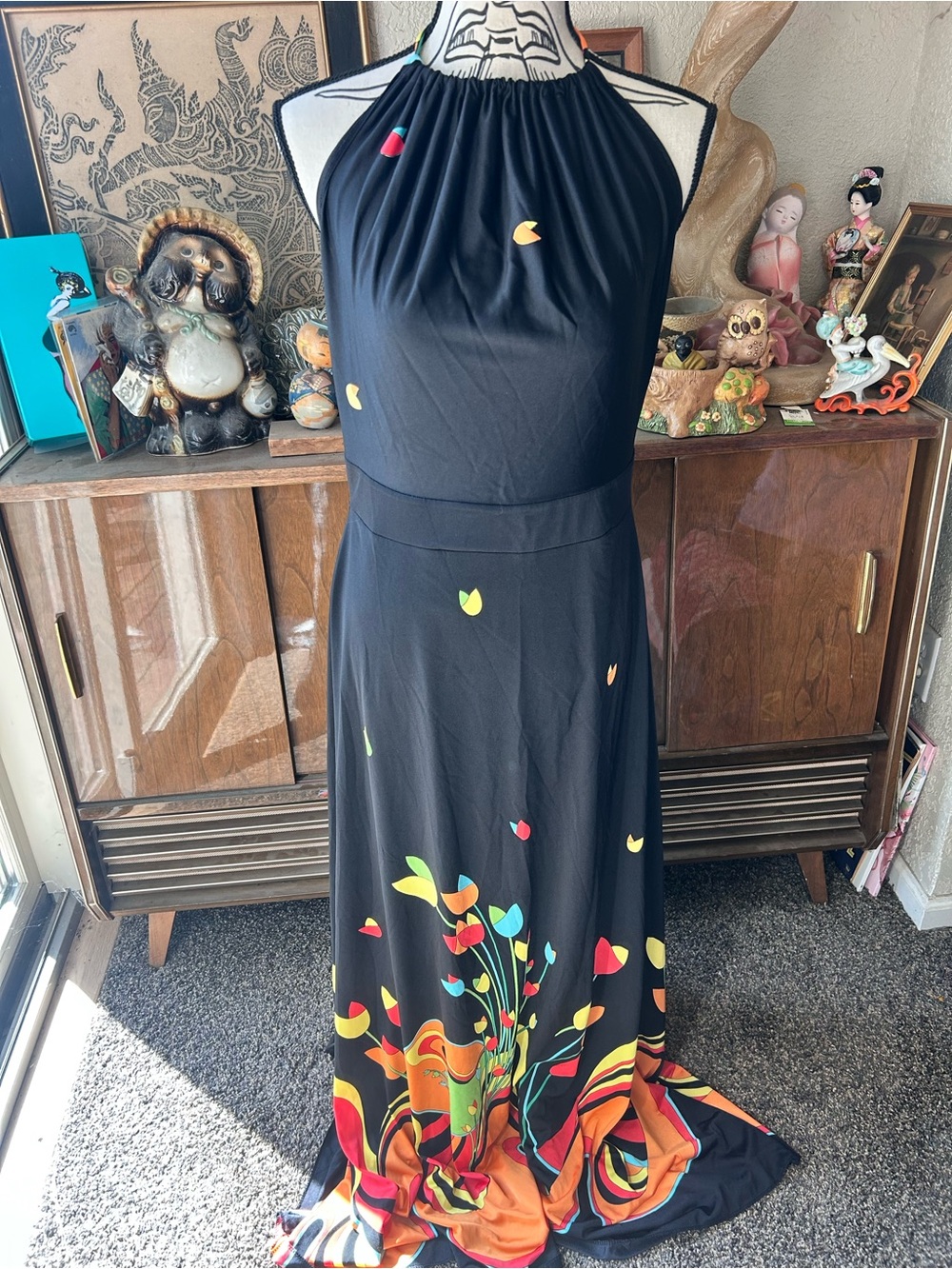 Rare 1970s Rose Marie Reid Black & Colourful Print Maxi Dres